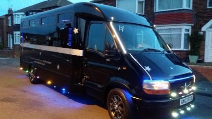 limo style 16 seat karaoke party bus, Newcastle party bus hire, party bus Tyne and Wear, Hartlepool party bus